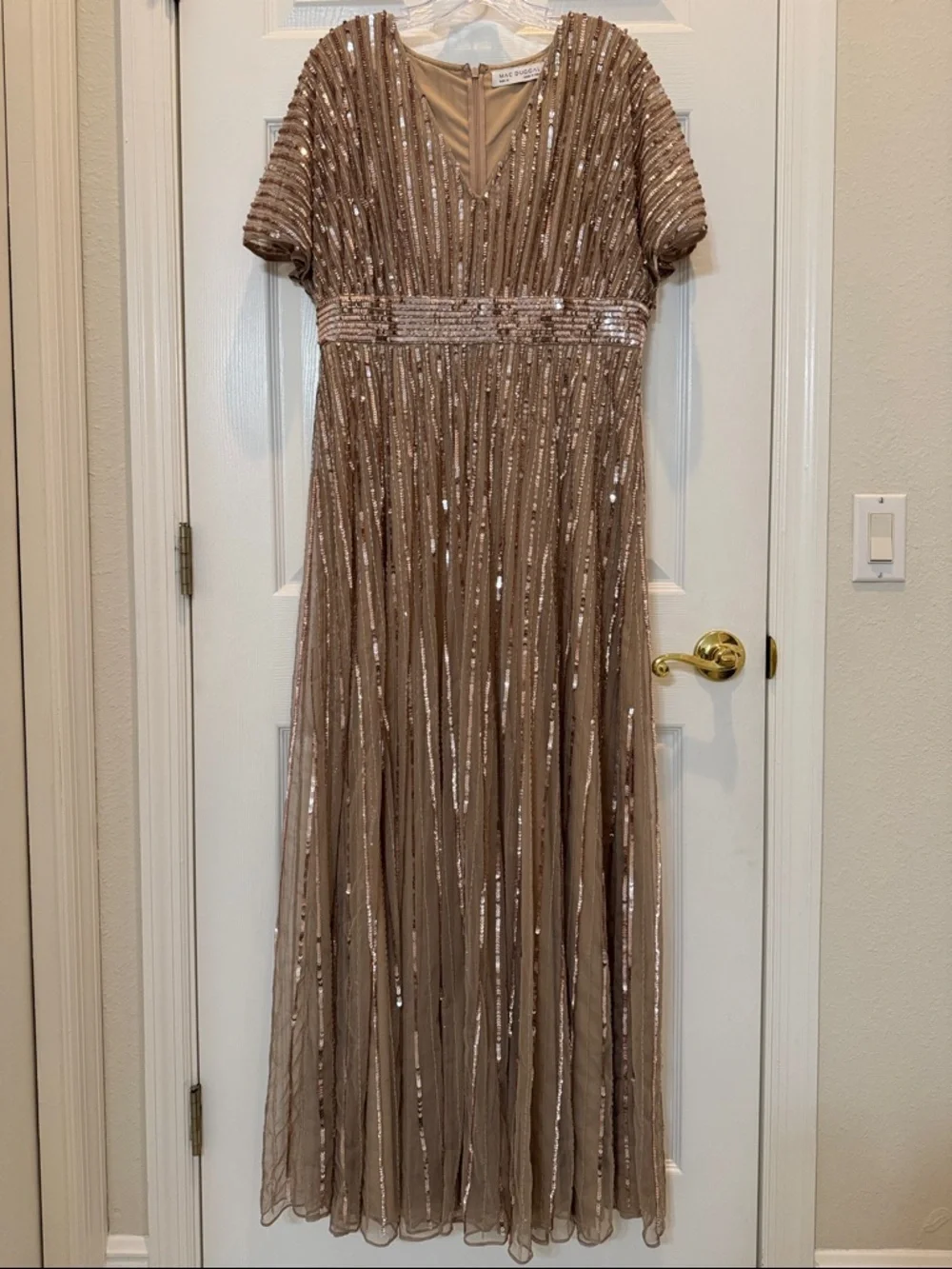 Mac Duggal 94204 Beige Embellished Short Sleeve Empire Waist Gown Size 12 NWT